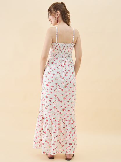 Woman wearing a floral dress on a beige background