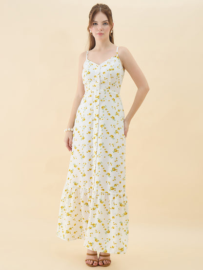 Woman wearing a white floral dress on a beige background