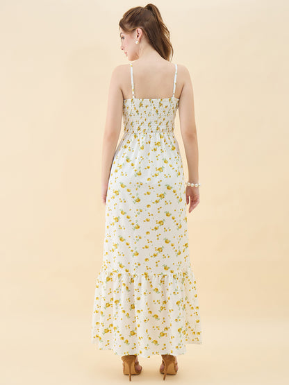 Woman wearing a floral dress on a beige background