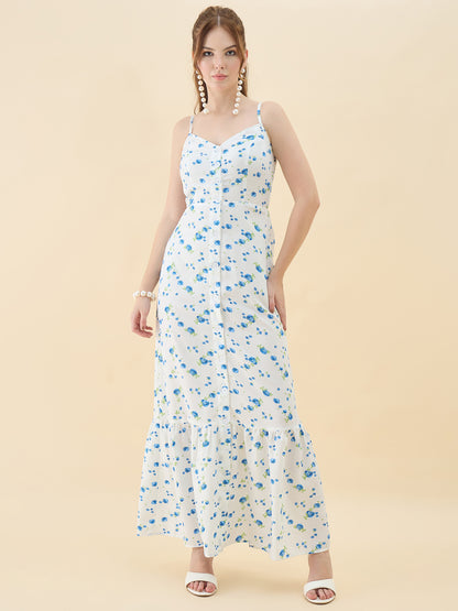 Woman wearing a floral dress on a beige background