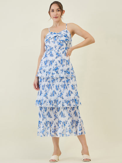 Floral Print Pleated Strap Tiered Midi Dress