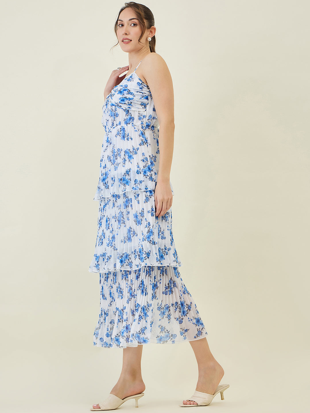 Floral Print Pleated Strap Tiered Midi Dress