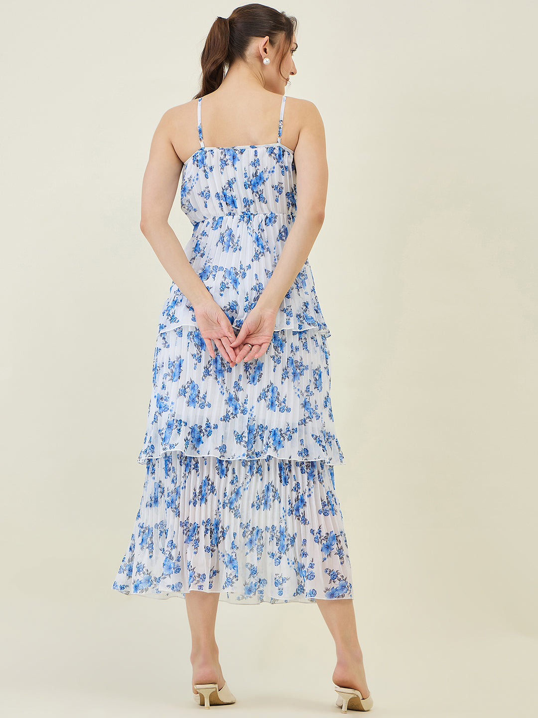 Floral Print Pleated Strap Tiered Midi Dress