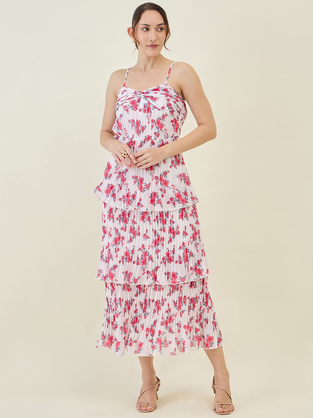 Floral Print Pleated Strap Tiered Midi Dress
