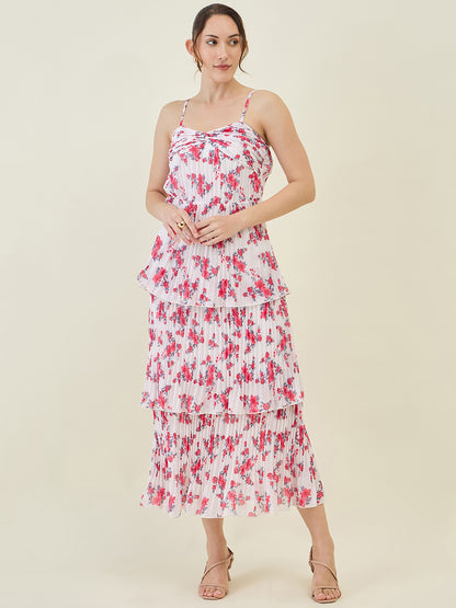 Floral Print Pleated Strap Tiered Midi Dress