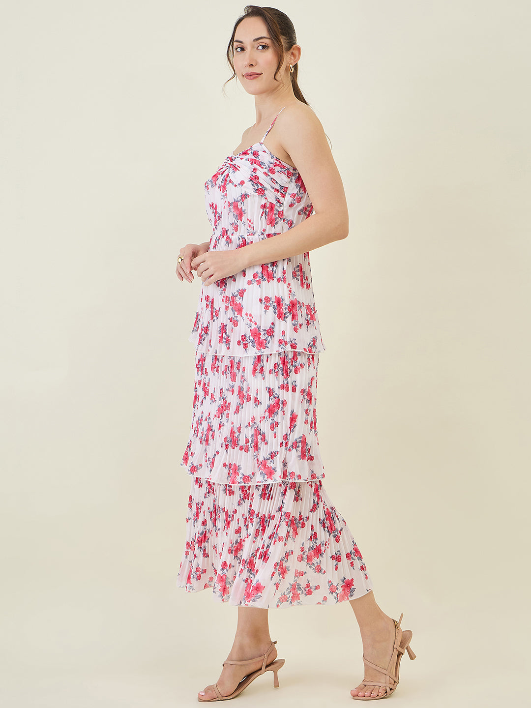 Floral Print Pleated Strap Tiered Midi Dress