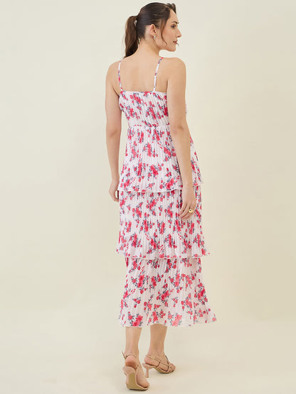Floral Print Pleated Strap Tiered Midi Dress