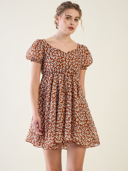 Floral Print Puff Sleeve Mini Dress