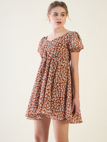 Floral Print Puff Sleeve Mini Dress