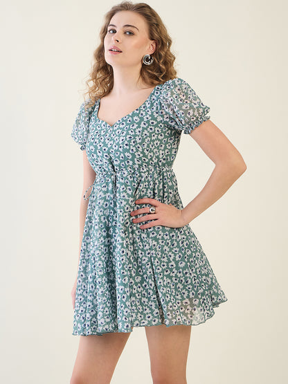 Floral Print Puff Sleeve Mini Dress