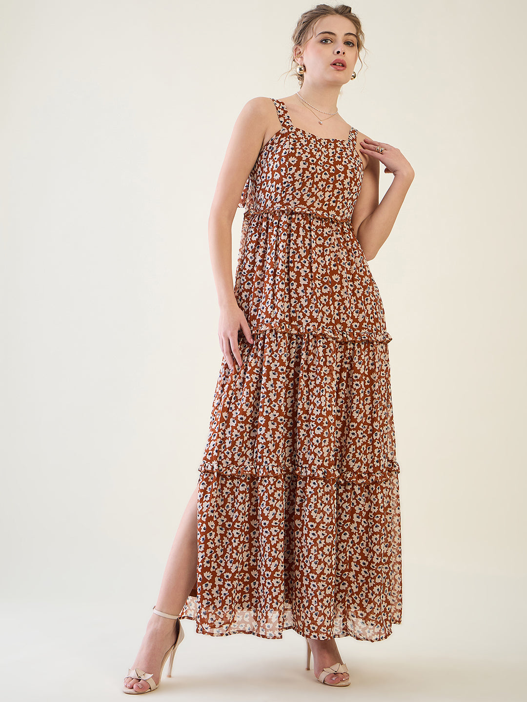 Floral Print Tiered Maxi Dress with Side Slit