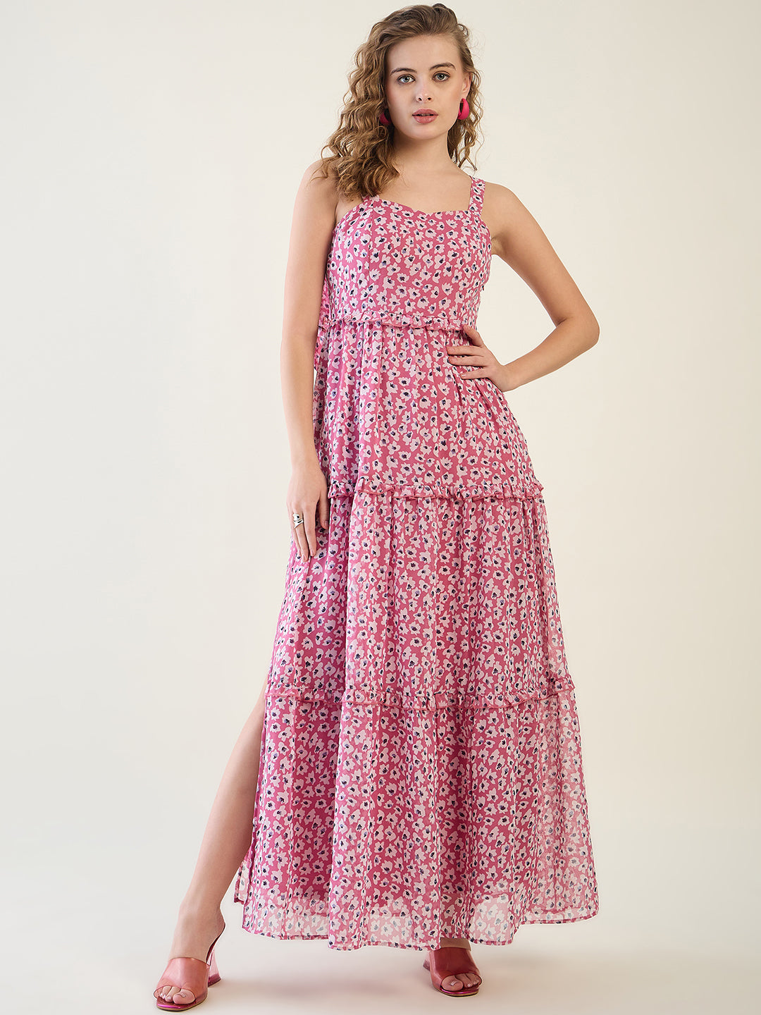Floral Print Tiered Maxi Dress with Side Slit