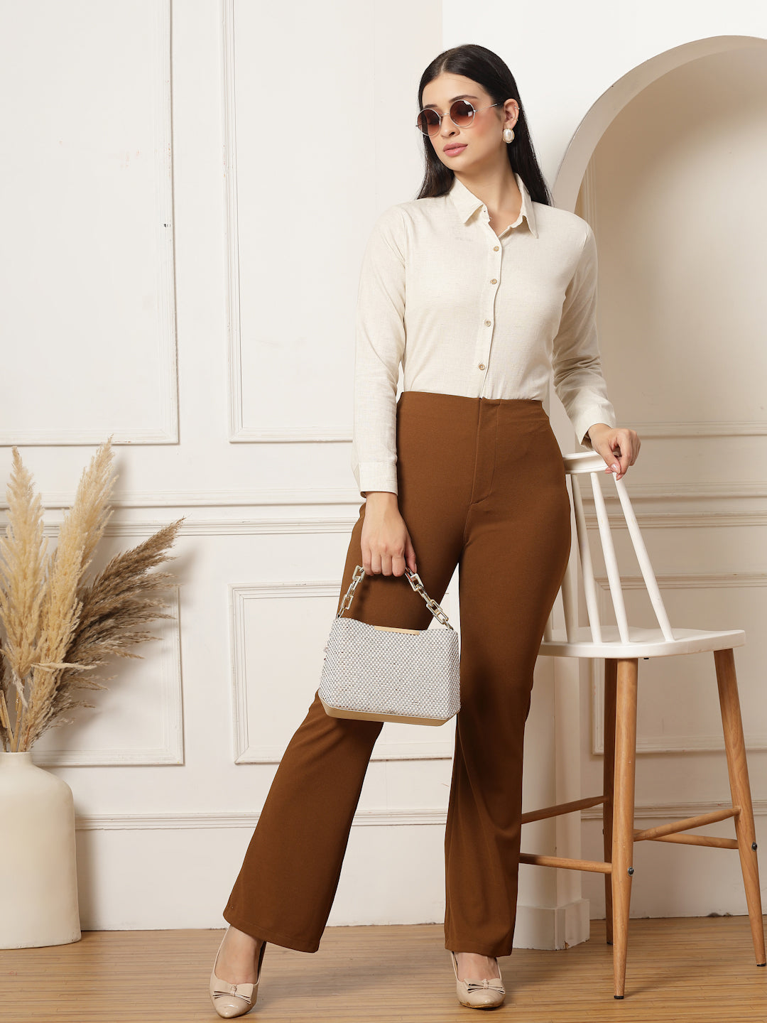 High-Rise Full Length Flared Trousers