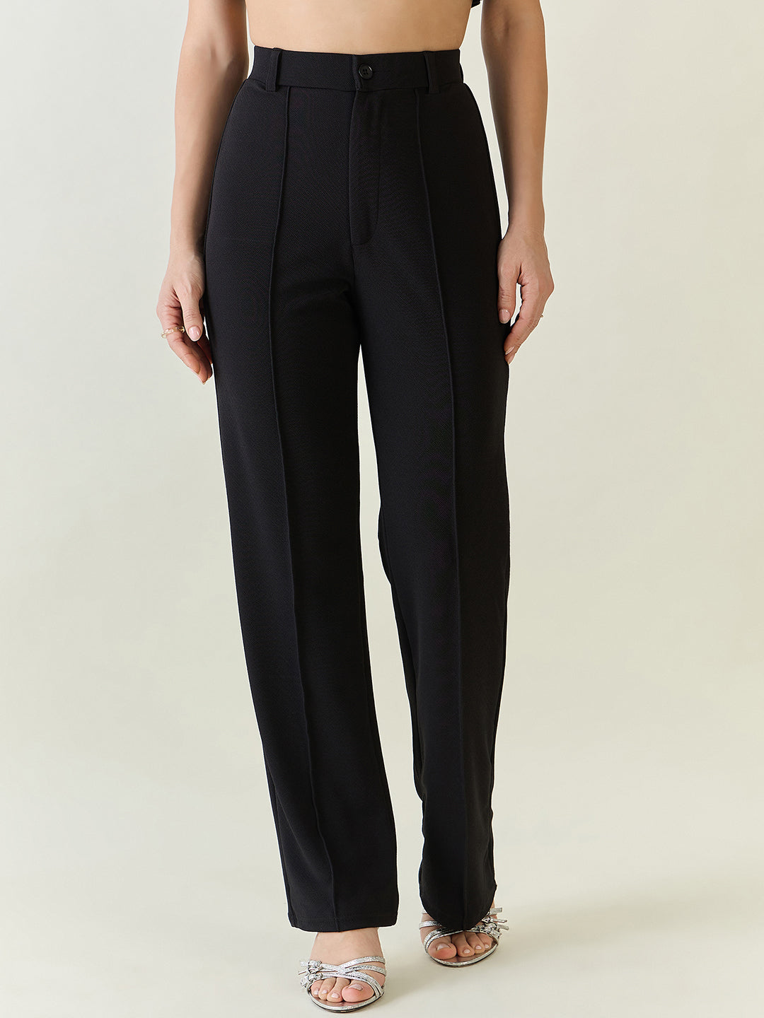 High-Rise Straight Leg Lycra Blend Trousers