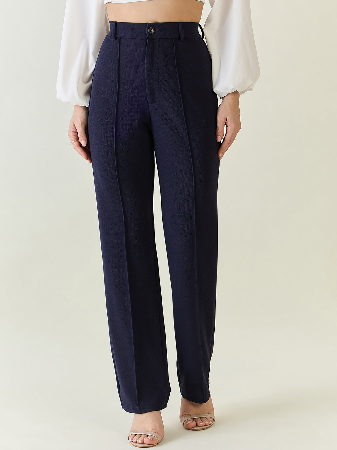 High-Rise Straight Leg Lycra Blend Trousers