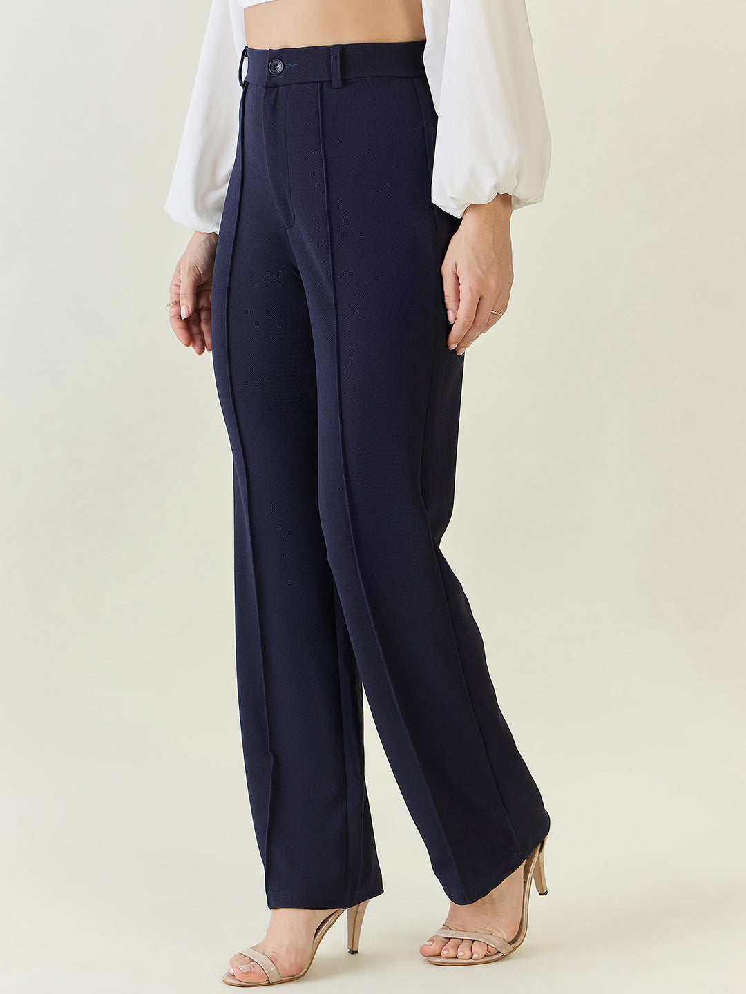 High-Rise Straight Leg Lycra Blend Trousers