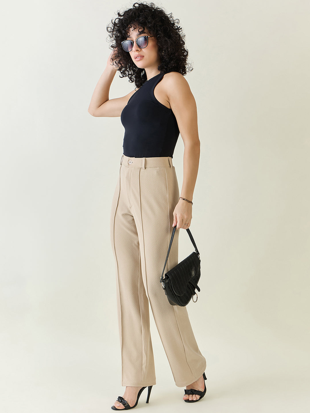 High-Rise Straight Leg Lycra Blend Trousers