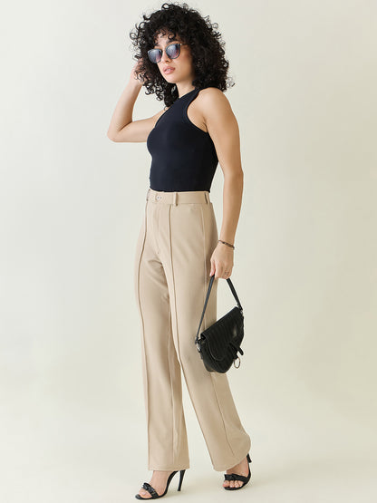 High-Rise Straight Leg Lycra Blend Trousers
