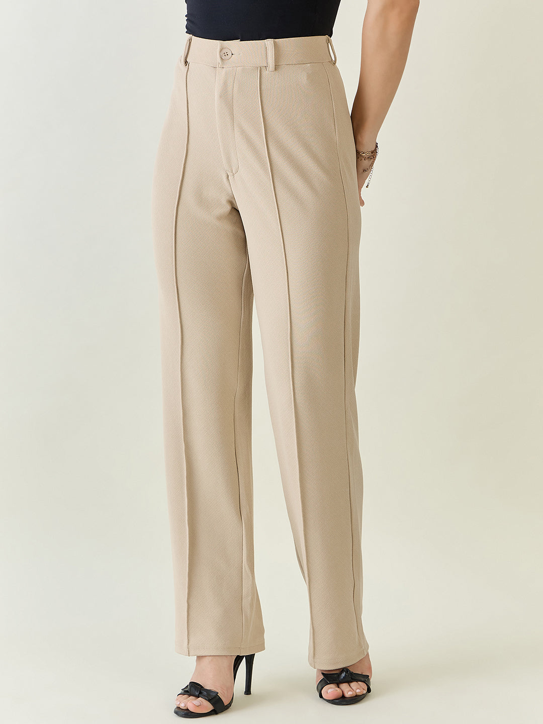 High-Rise Straight Leg Lycra Blend Trousers