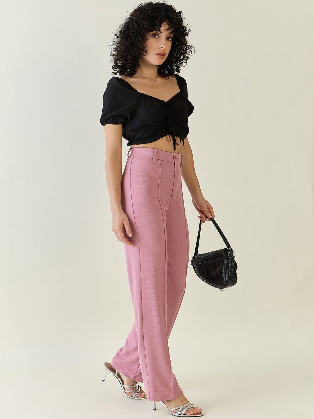 High-Rise Straight Leg Lycra Blend Trousers