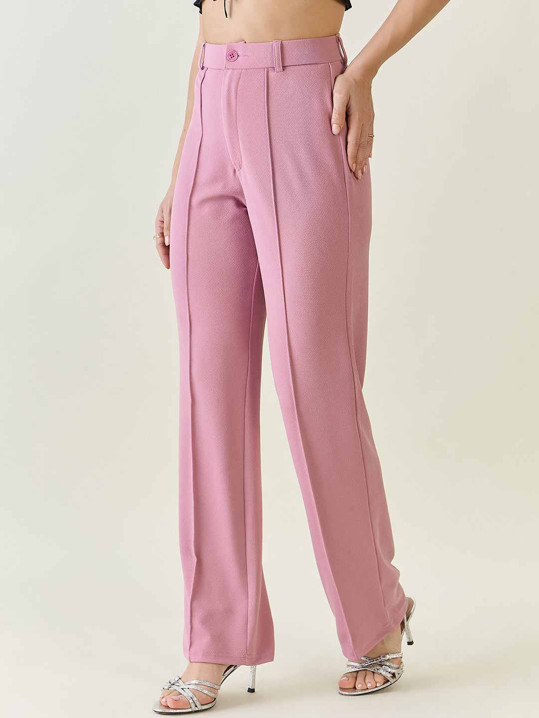High-Rise Straight Leg Lycra Blend Trousers