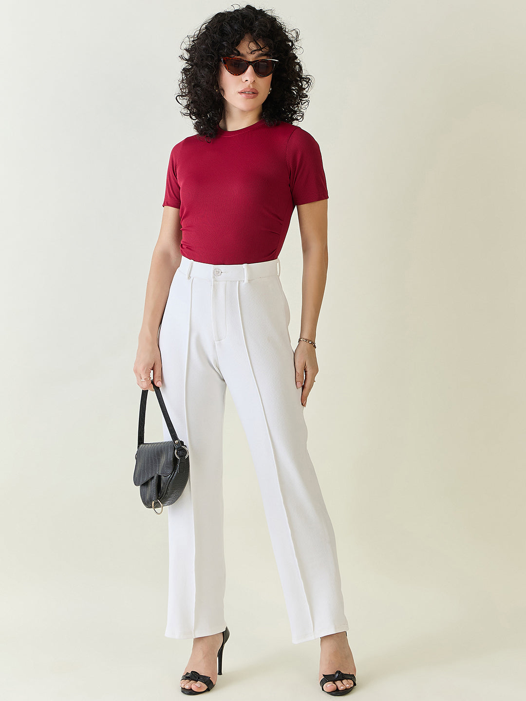 High-Rise Straight Leg Lycra Blend Trousers