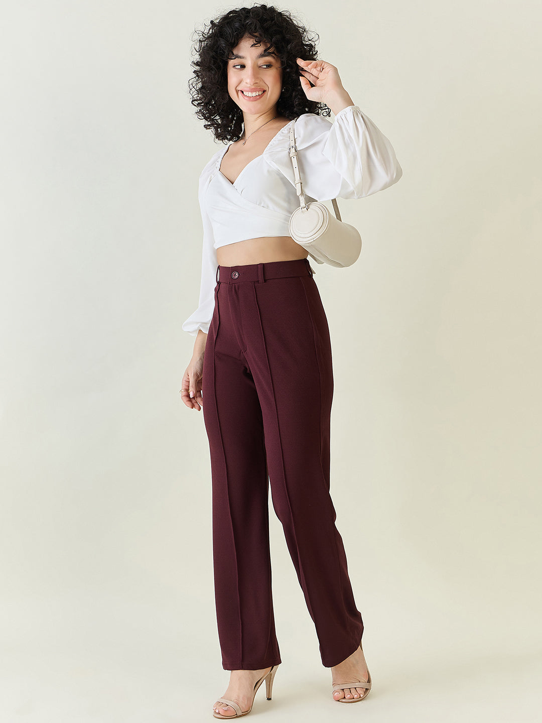 High-Rise Straight Leg Lycra Blend Trousers