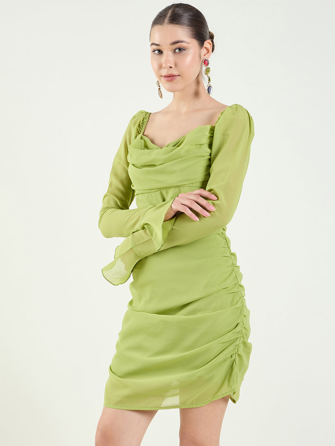 Long Sleeve Ruched Sweetheart Mini Bodycon Dress