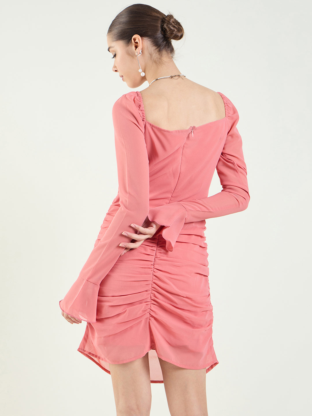 Long Sleeve Ruched Sweetheart Mini Bodycon Dress