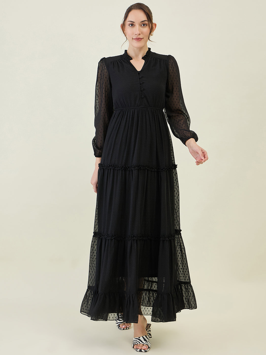 Long Sleeve Ruffled Maxi Dress with Button Detail