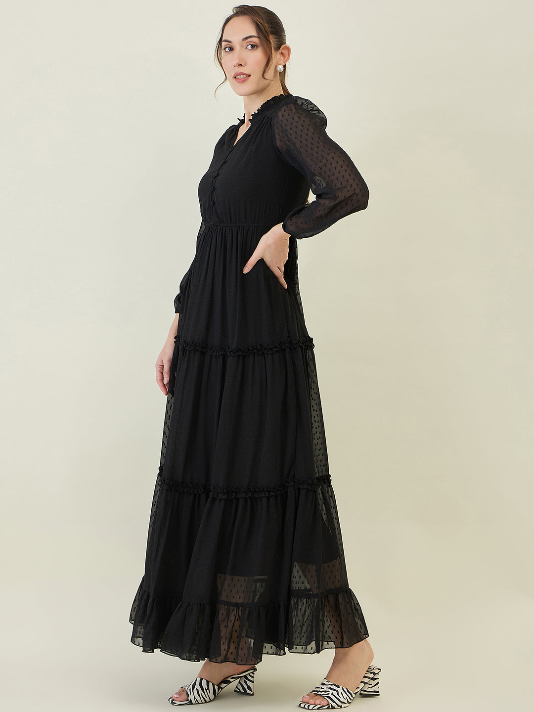 Long Sleeve Ruffled Maxi Dress with Button Detail