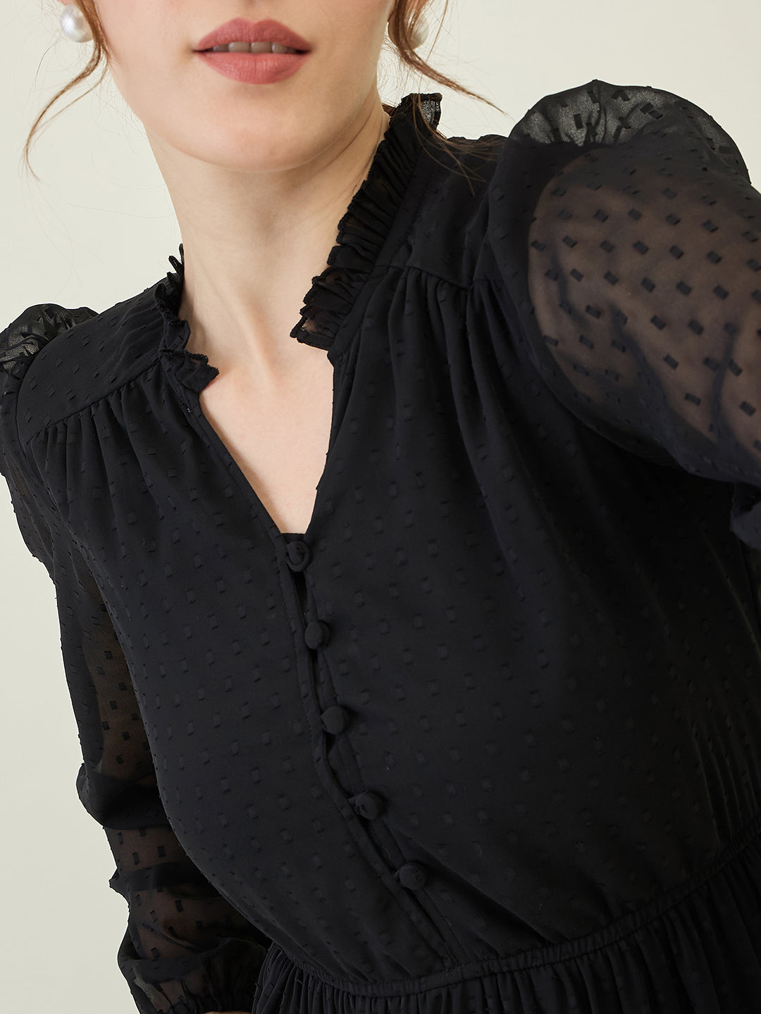 Long Sleeve Ruffled Maxi Dress with Button Detail