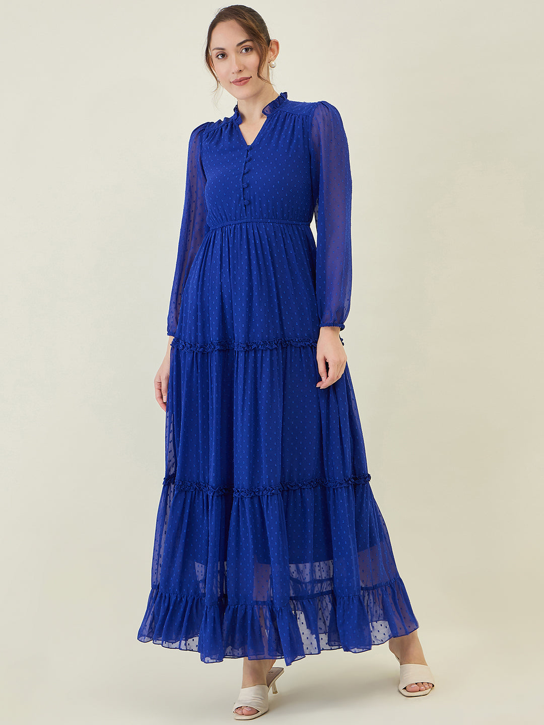 Long Sleeve Ruffled Maxi Dress with Button Detail