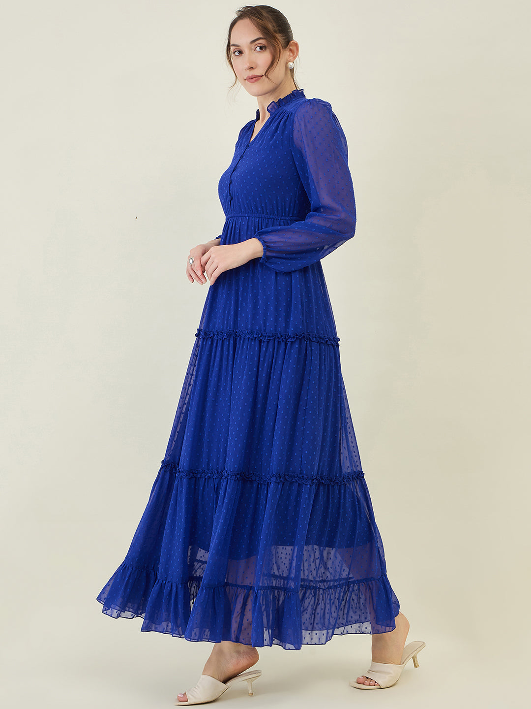 Long Sleeve Ruffled Maxi Dress with Button Detail