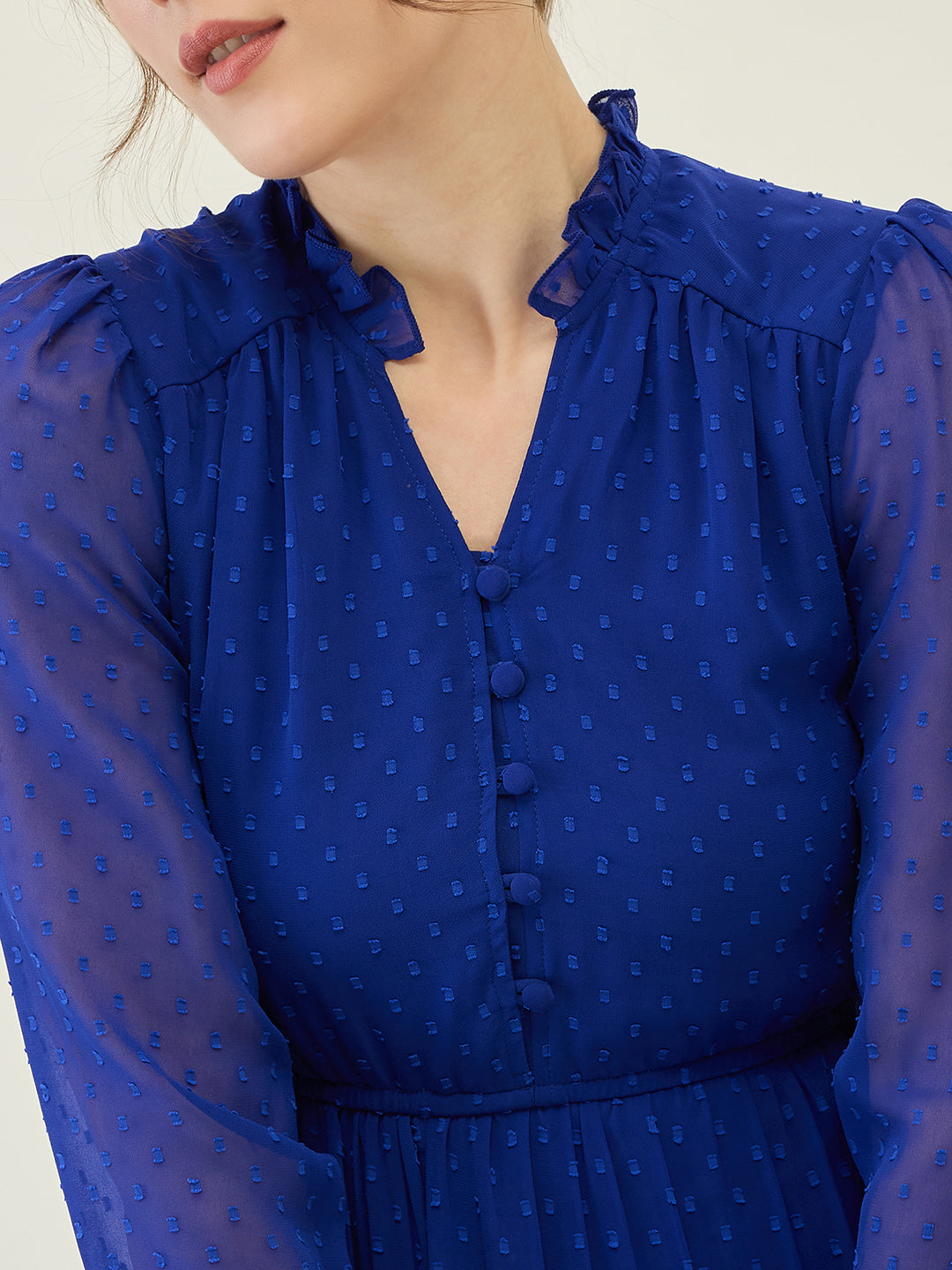 Long Sleeve Ruffled Maxi Dress with Button Detail