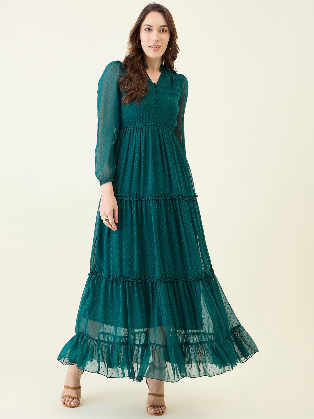 Long Sleeve Ruffled Maxi Dress with Button Detail