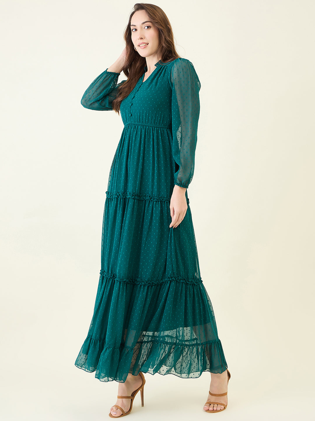 Long Sleeve Ruffled Maxi Dress with Button Detail