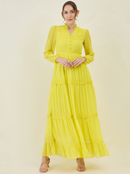 Long Sleeve Ruffled Maxi Dress with Button Detail