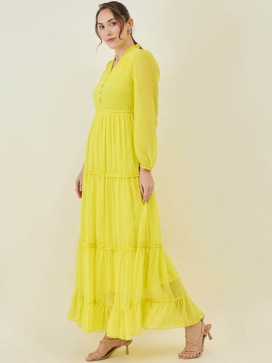 Long Sleeve Ruffled Maxi Dress with Button Detail