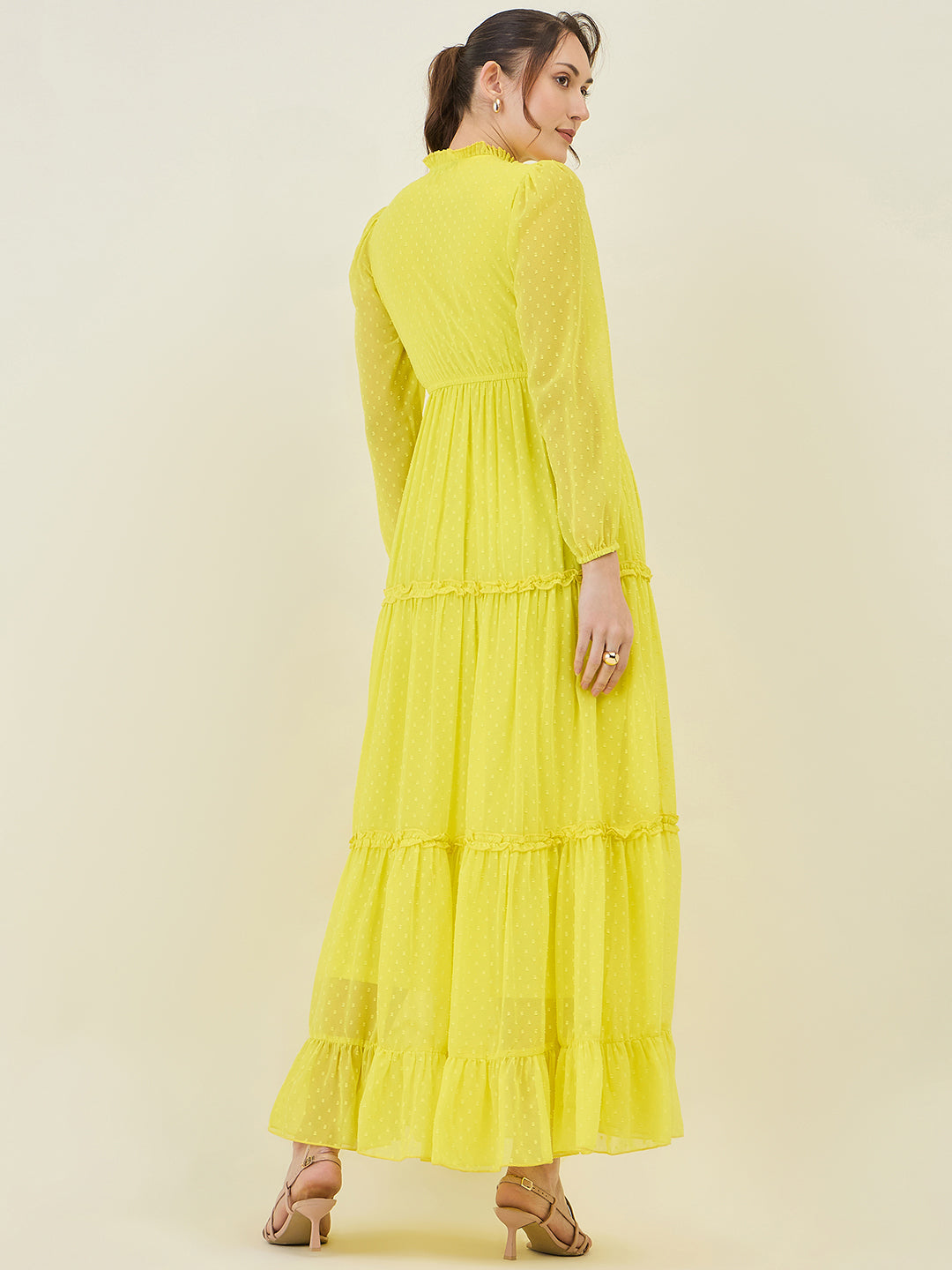 Long Sleeve Ruffled Maxi Dress with Button Detail