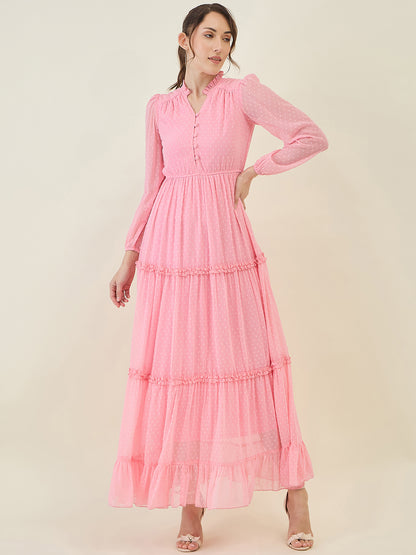 Long Sleeve Ruffled Maxi Dress with Button Detail