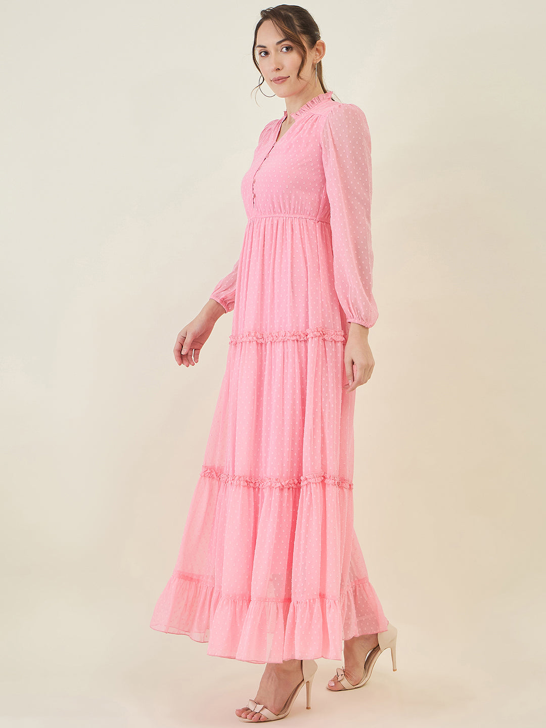 Long Sleeve Ruffled Maxi Dress with Button Detail