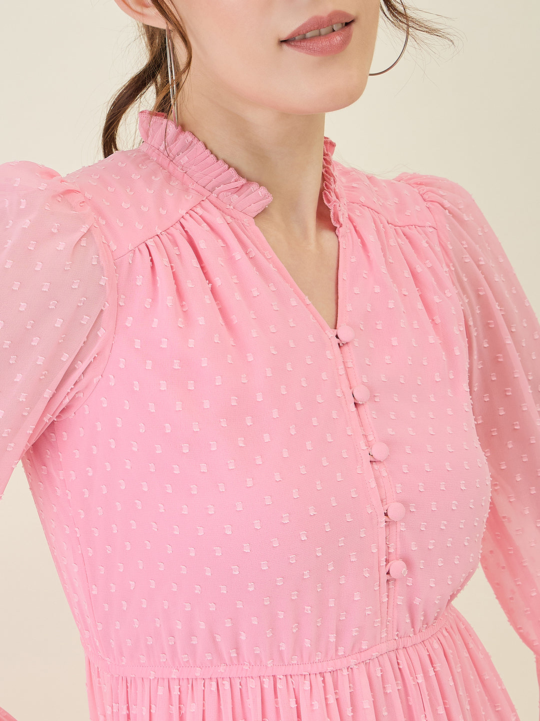 Long Sleeve Ruffled Maxi Dress with Button Detail