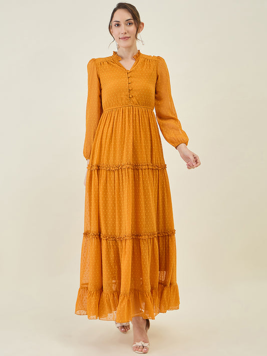 Long Sleeve Ruffled Maxi Dress with Button Detail