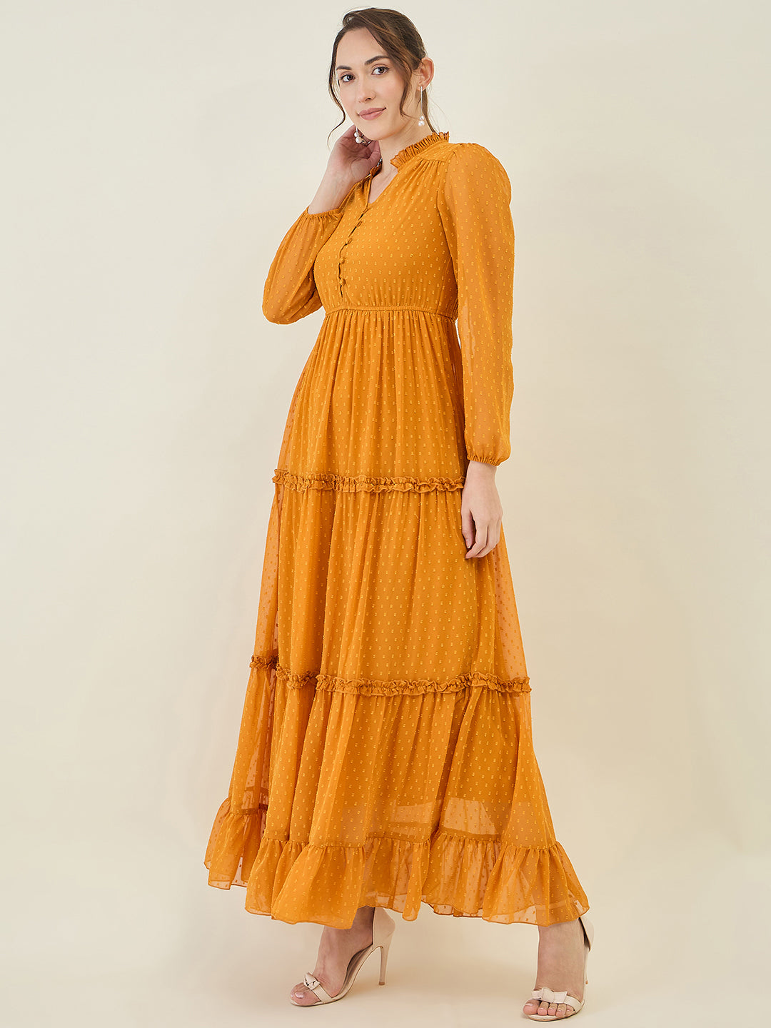 Long Sleeve Ruffled Maxi Dress with Button Detail