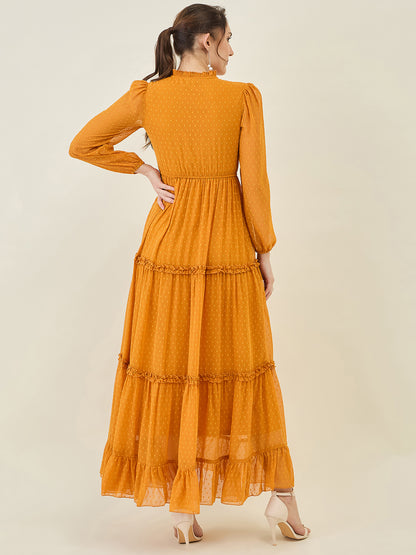 Long Sleeve Ruffled Maxi Dress with Button Detail