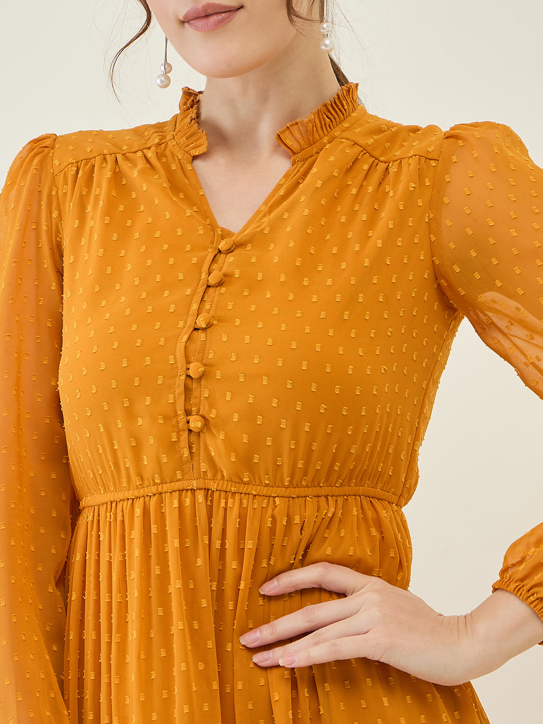 Long Sleeve Ruffled Maxi Dress with Button Detail