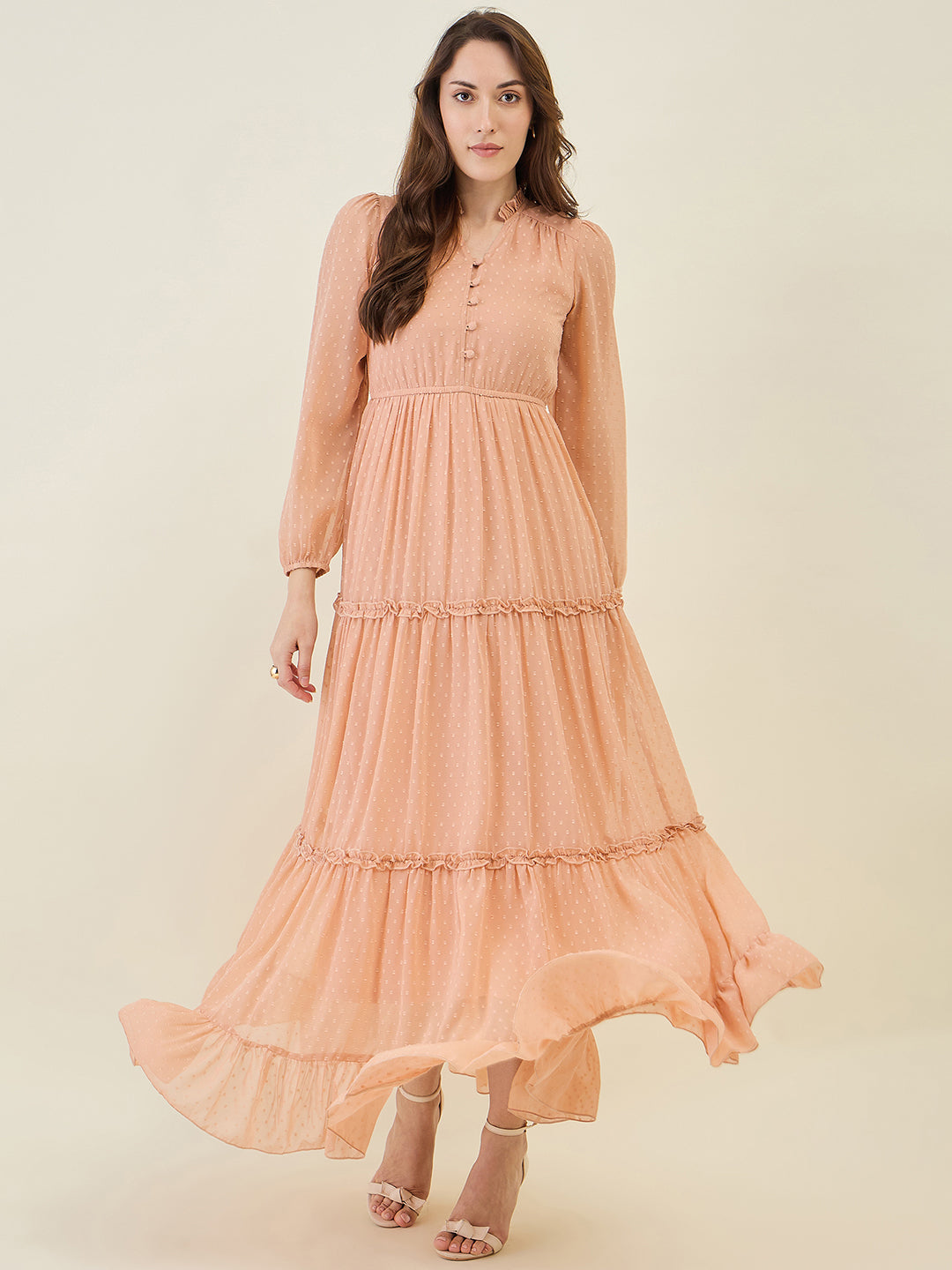 Long Sleeve Ruffled Maxi Dress with Button Detail