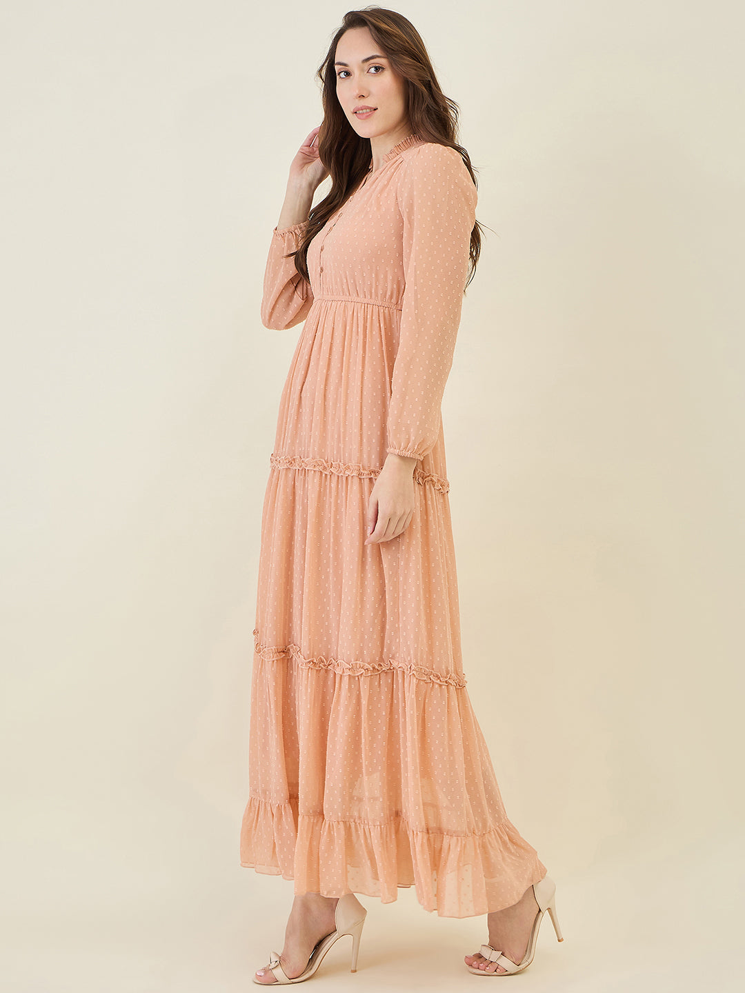 Long Sleeve Ruffled Maxi Dress with Button Detail