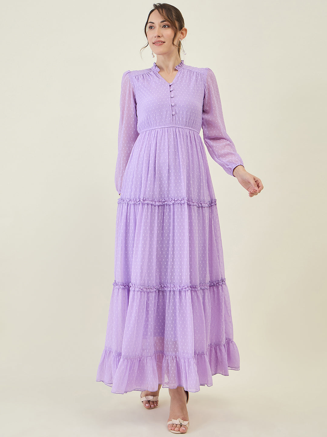 Long Sleeve Ruffled Maxi Dress with Button Detail